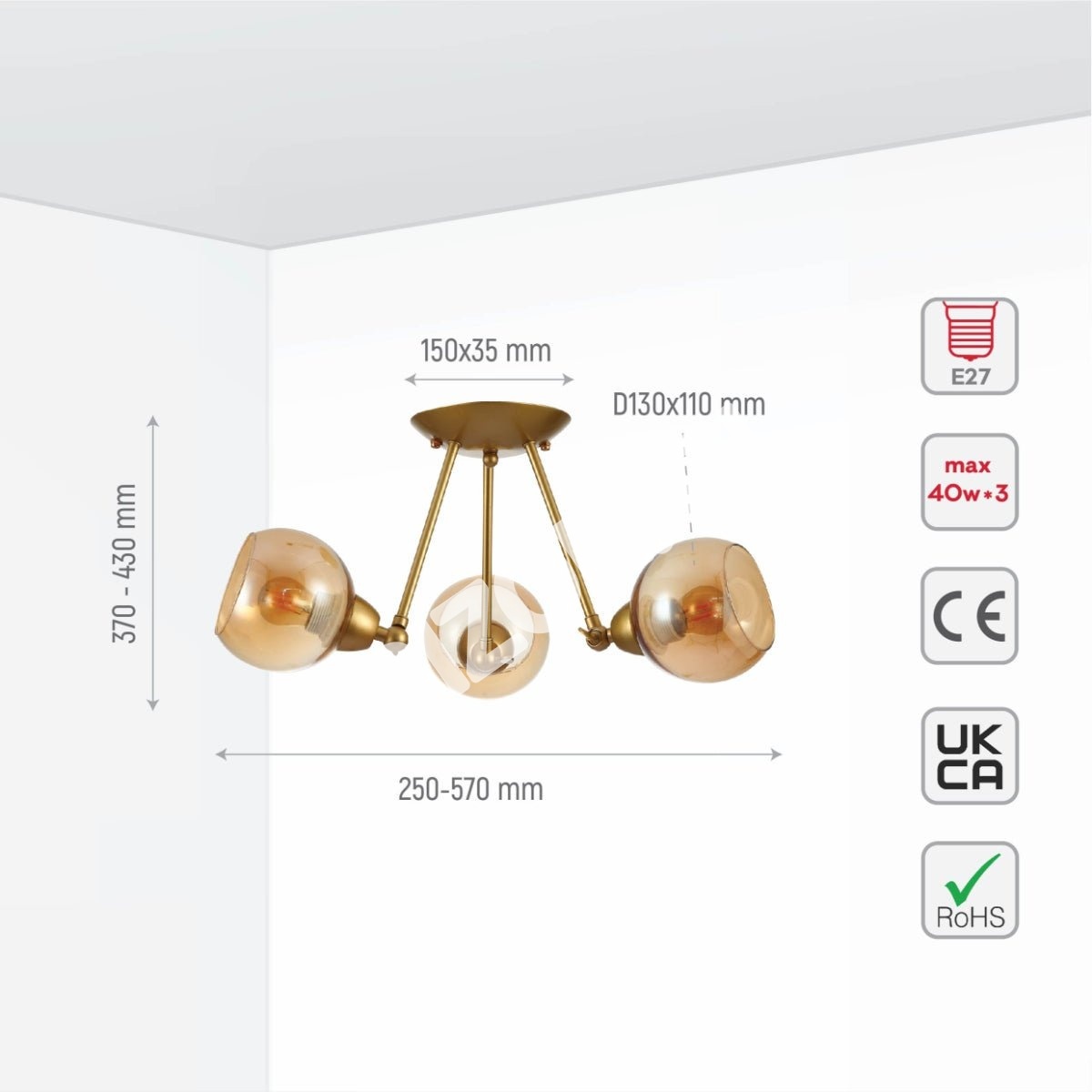 Светильник золотой Hinged металл Amber Dome стекло потолочный светильник w, 159-17648 3