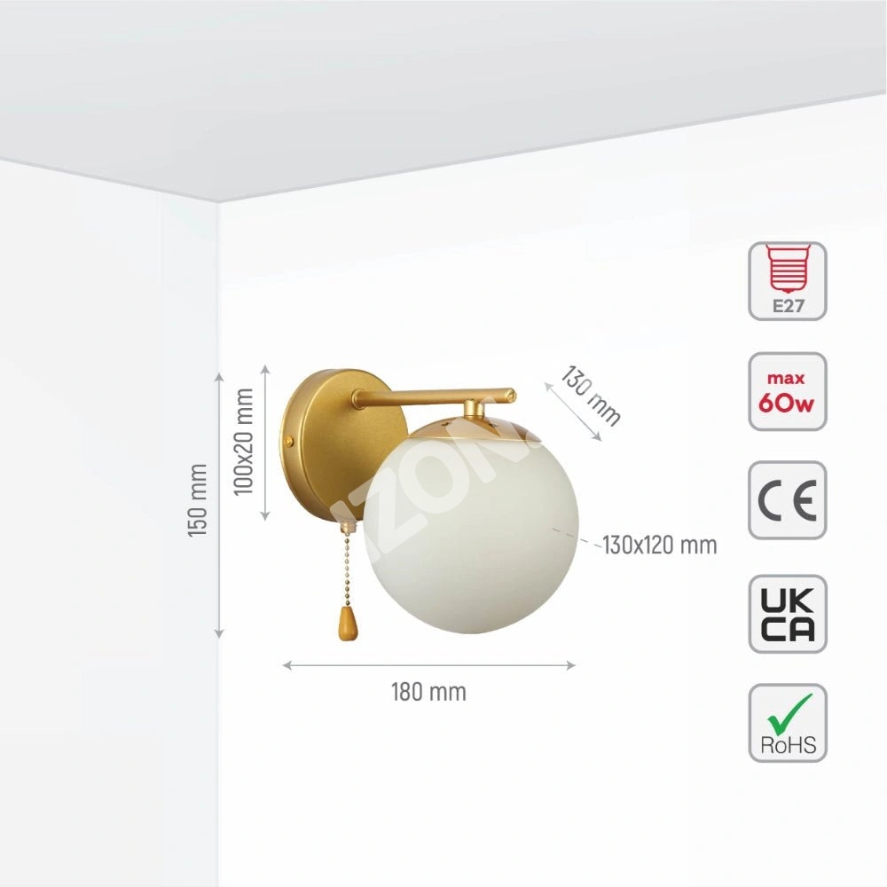 Выключатель опал GLOBE стекло золотой металл BODY VINTAGE RETRO настенный светильник с PULL DOWN SWITCH E27 FITTING золотой, 151-19780 4