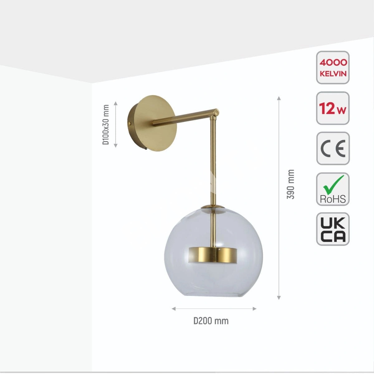 Бра Clear Globe стекло золотой L-Shape металл Cool нейтральный белый 12 Вт LED настенный светильник, 151-19744 3