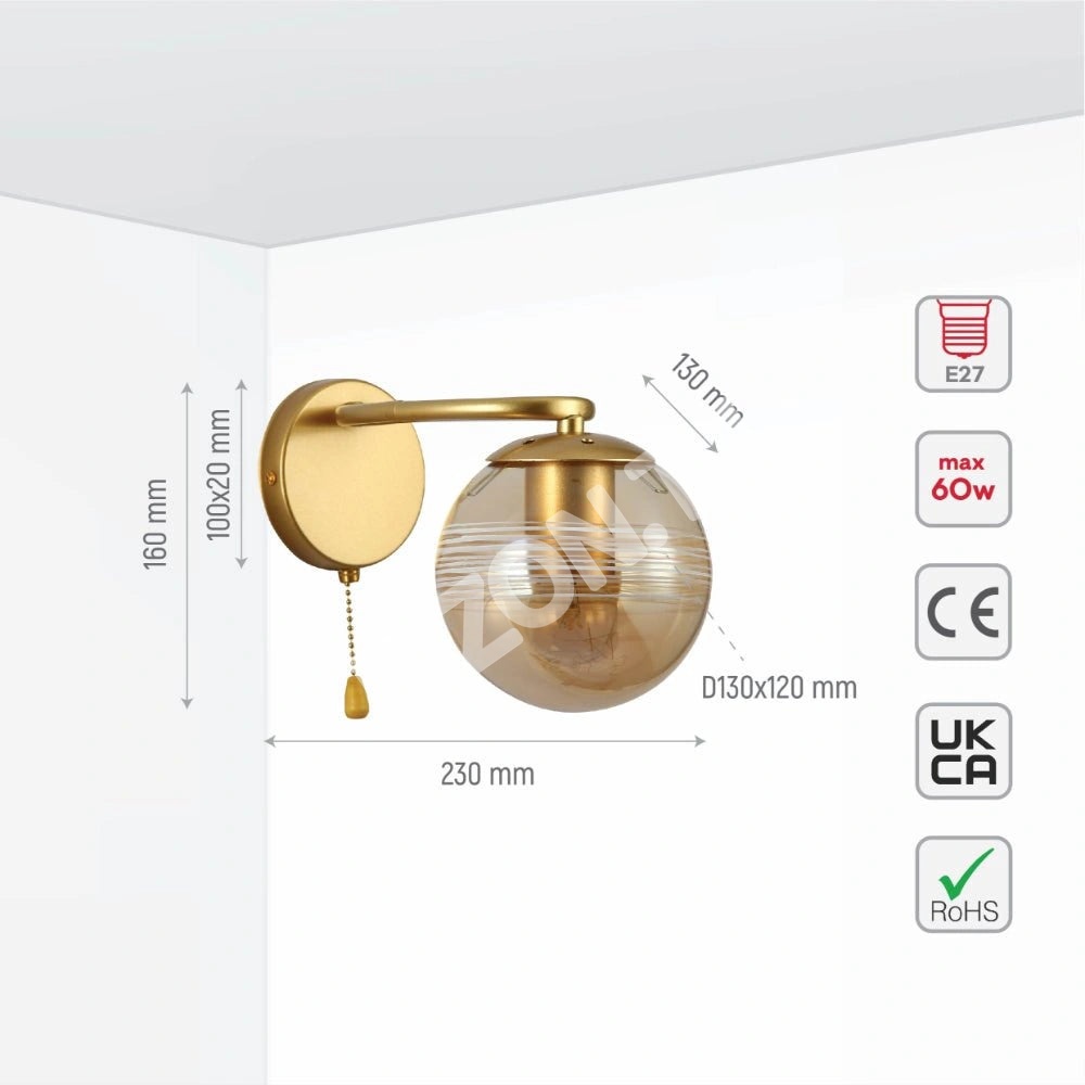 Выключатель Бра Amber Globe стекло золотой Ellipse металл Body современный настенный светильник с Pull Down Switch E27 Fitting, 151-19784 2