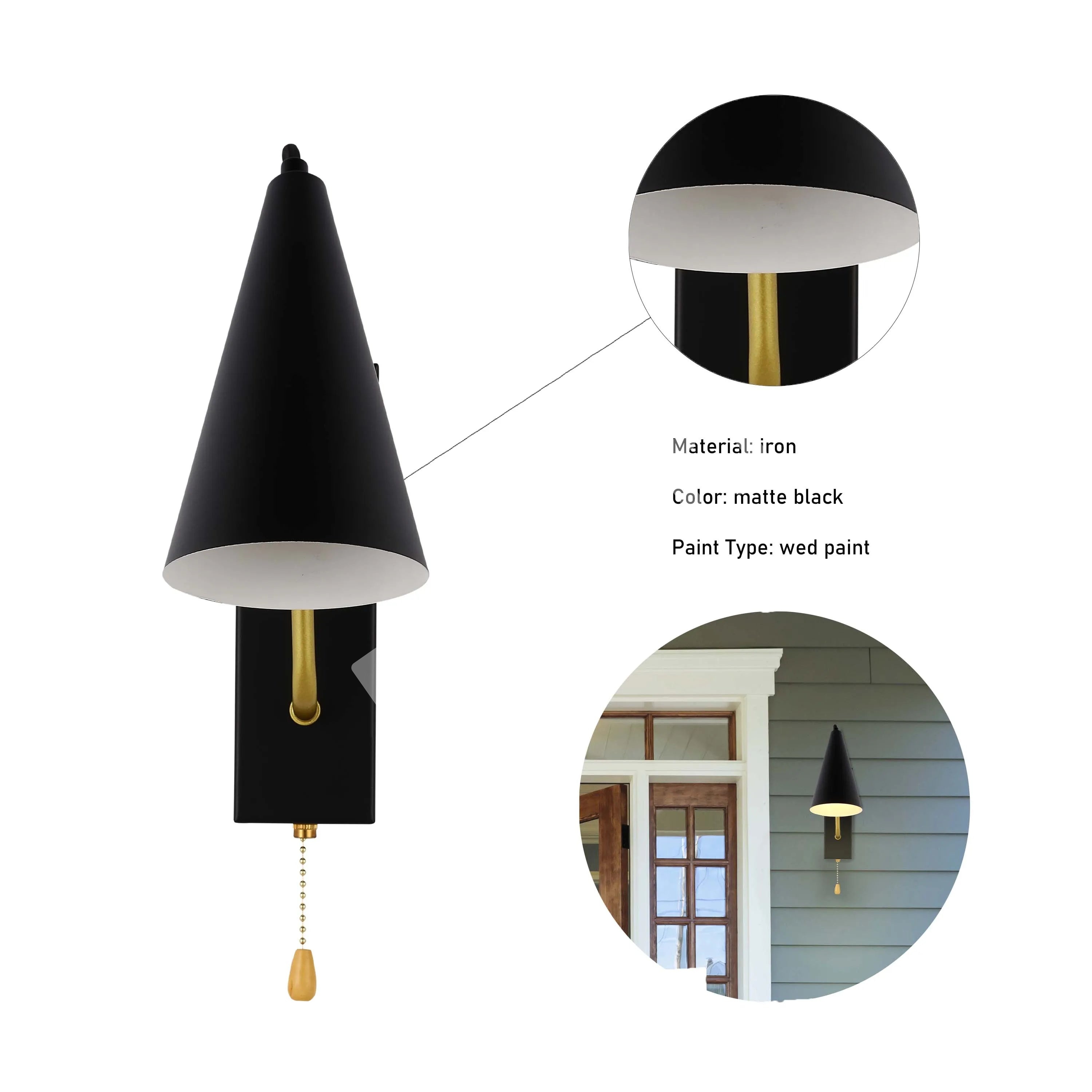 Выключатель Бра Matte черный металл Cone настенный светильник E27 Fitting с Pull Down Switch, 151-19649 7