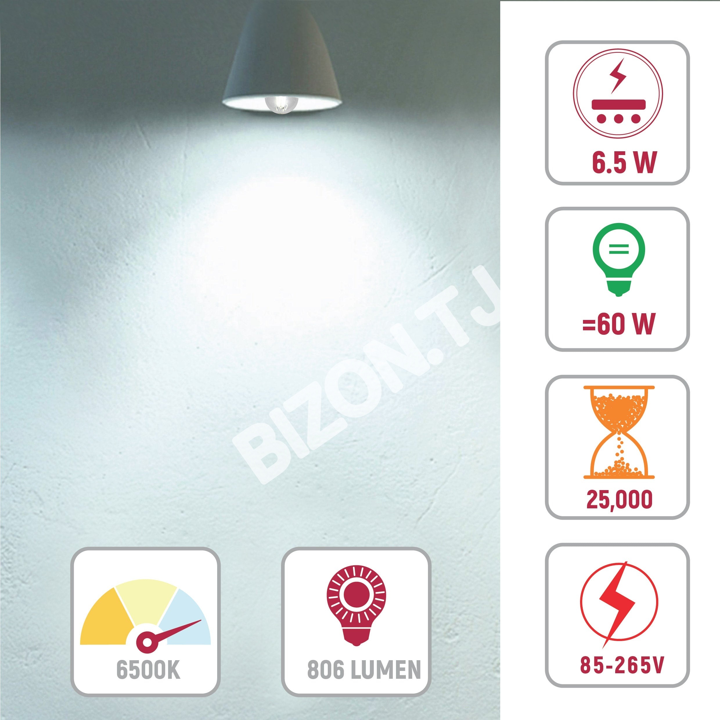 LampLED A60 6, 5 Вт E27 CLEAR 806 лм 4000 К 85-265VTEKL, 527-03028 11