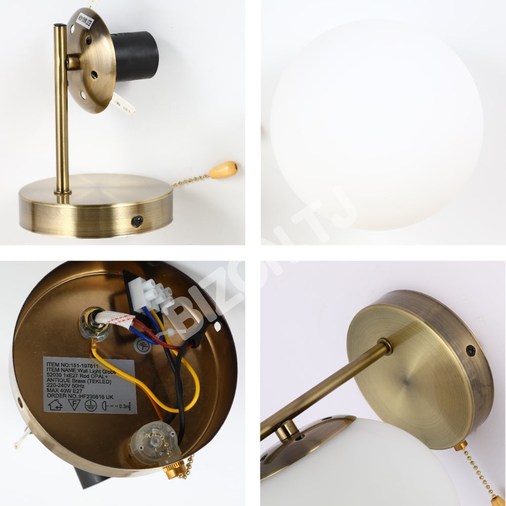 Выключатель опал GLOBE стекло золотой металл BODY VINTAGE RETRO настенный светильник с PULL DOWN SWITCH E27 FITTING золотой, 151-19780 8