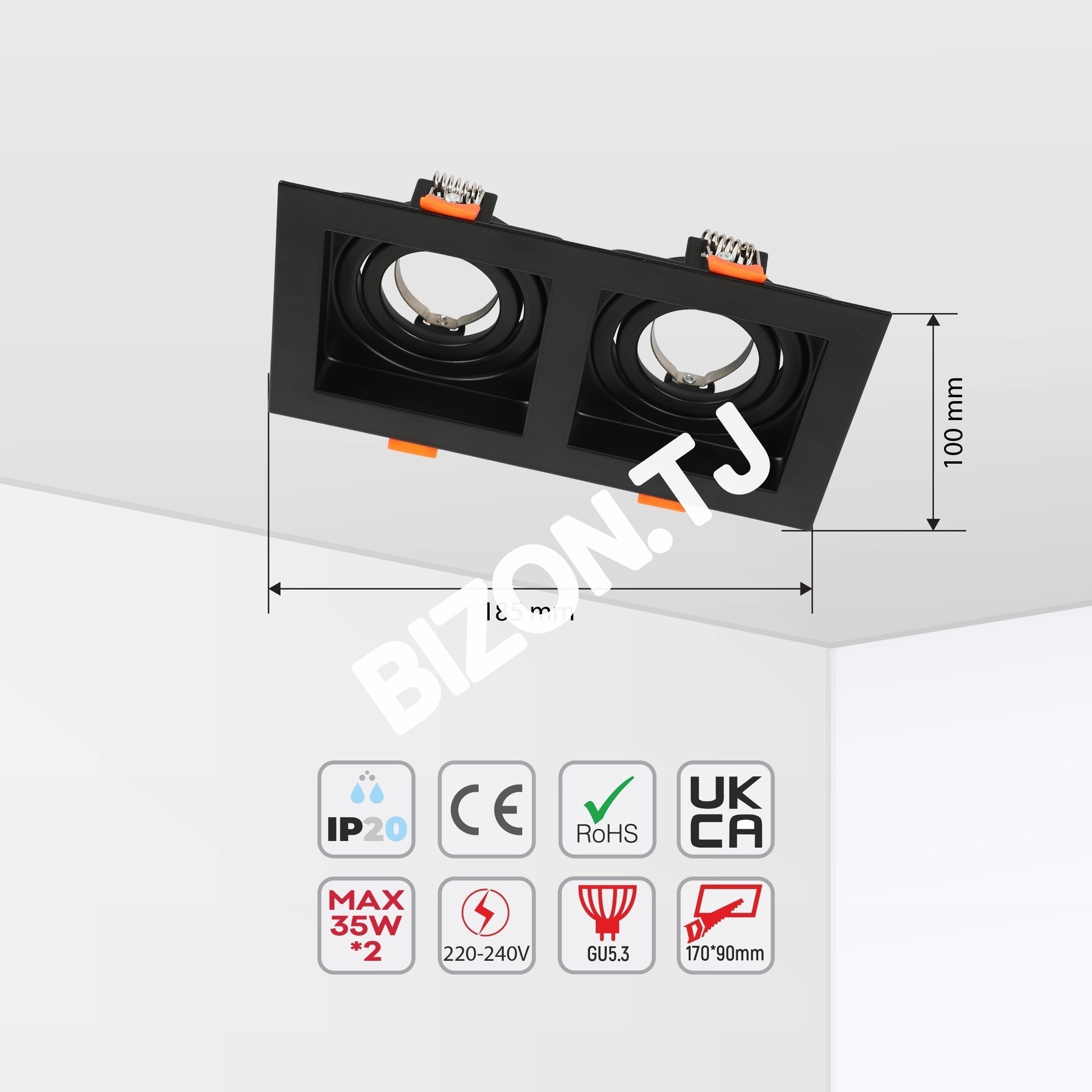 Светильник Grille Rectangle Recessed Tilt даунлайт GU5.3 белый and черный 2 way, 143-03514 38