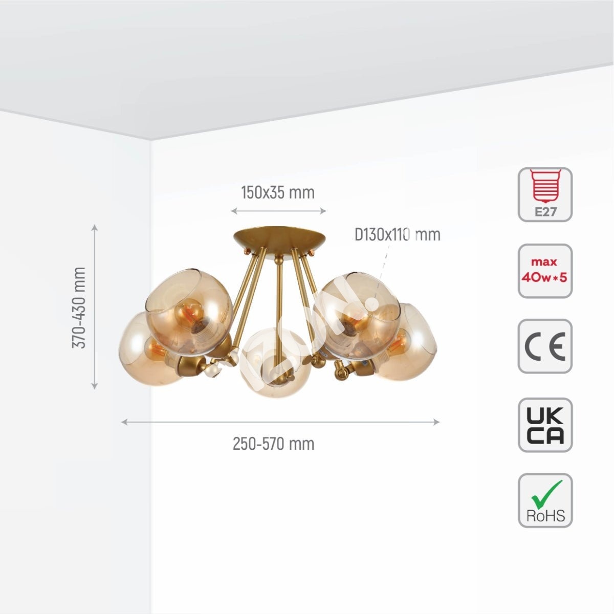 Светильник золотой Hinged металл Amber Dome стекло потолочный светильник w, 159-17648 4