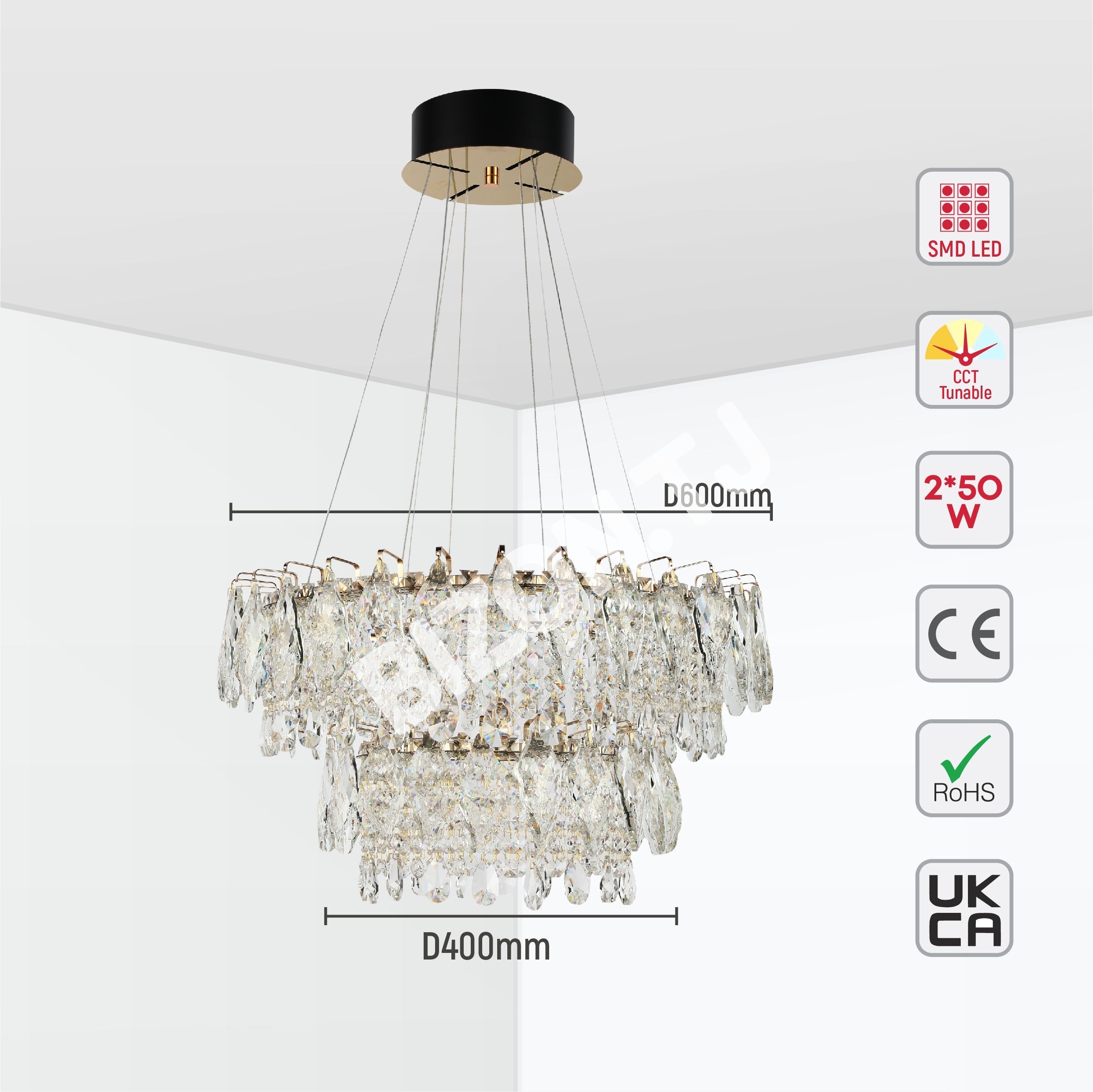Люстра Crystal золотой Q8993 85 Вт+40 Вт D800+D500мм 3, 159-18352 14