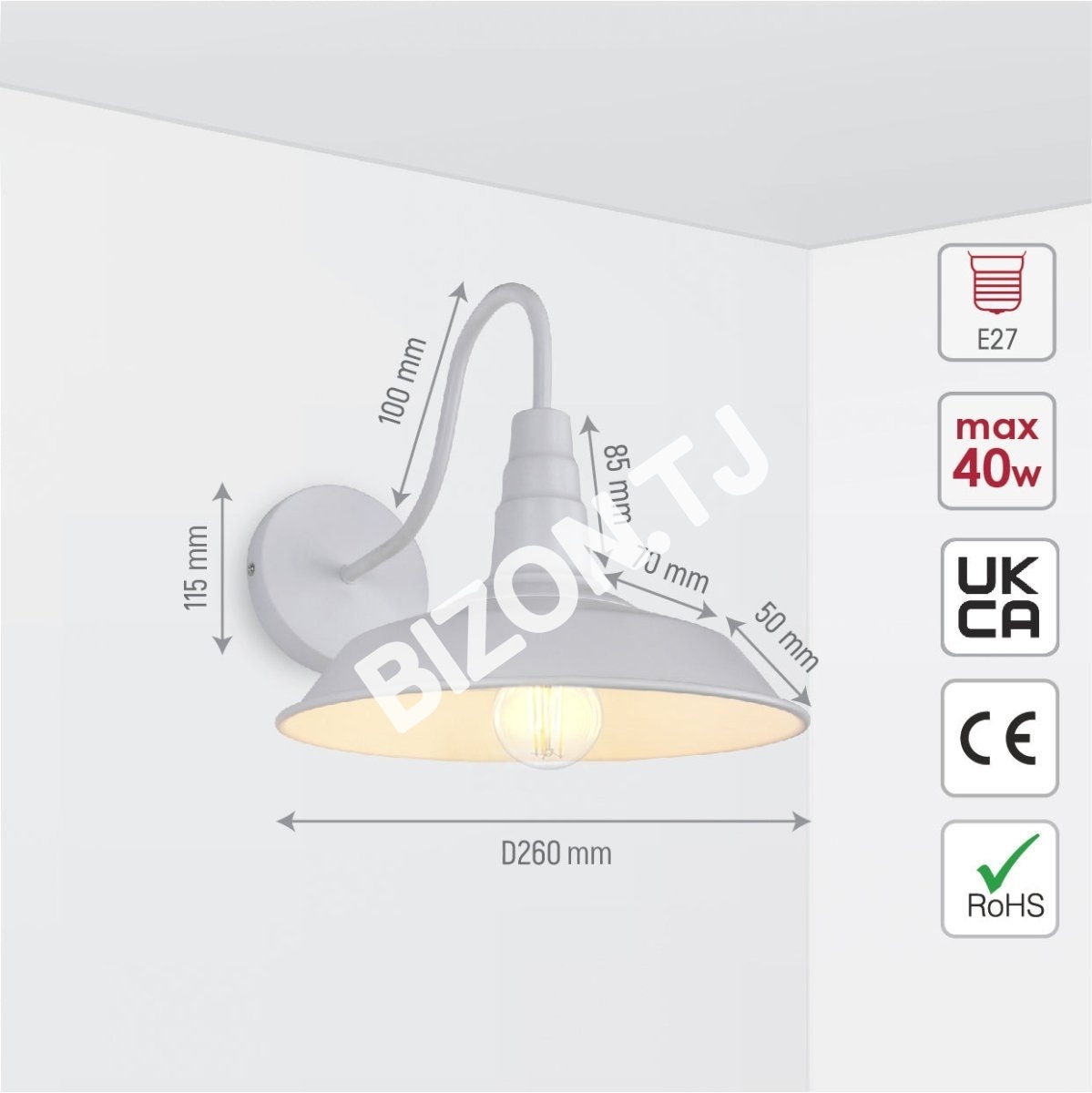 Бра белый Swan Step металл Industrial Retro настенный светильник с E27 Fitting, 151-19610 5