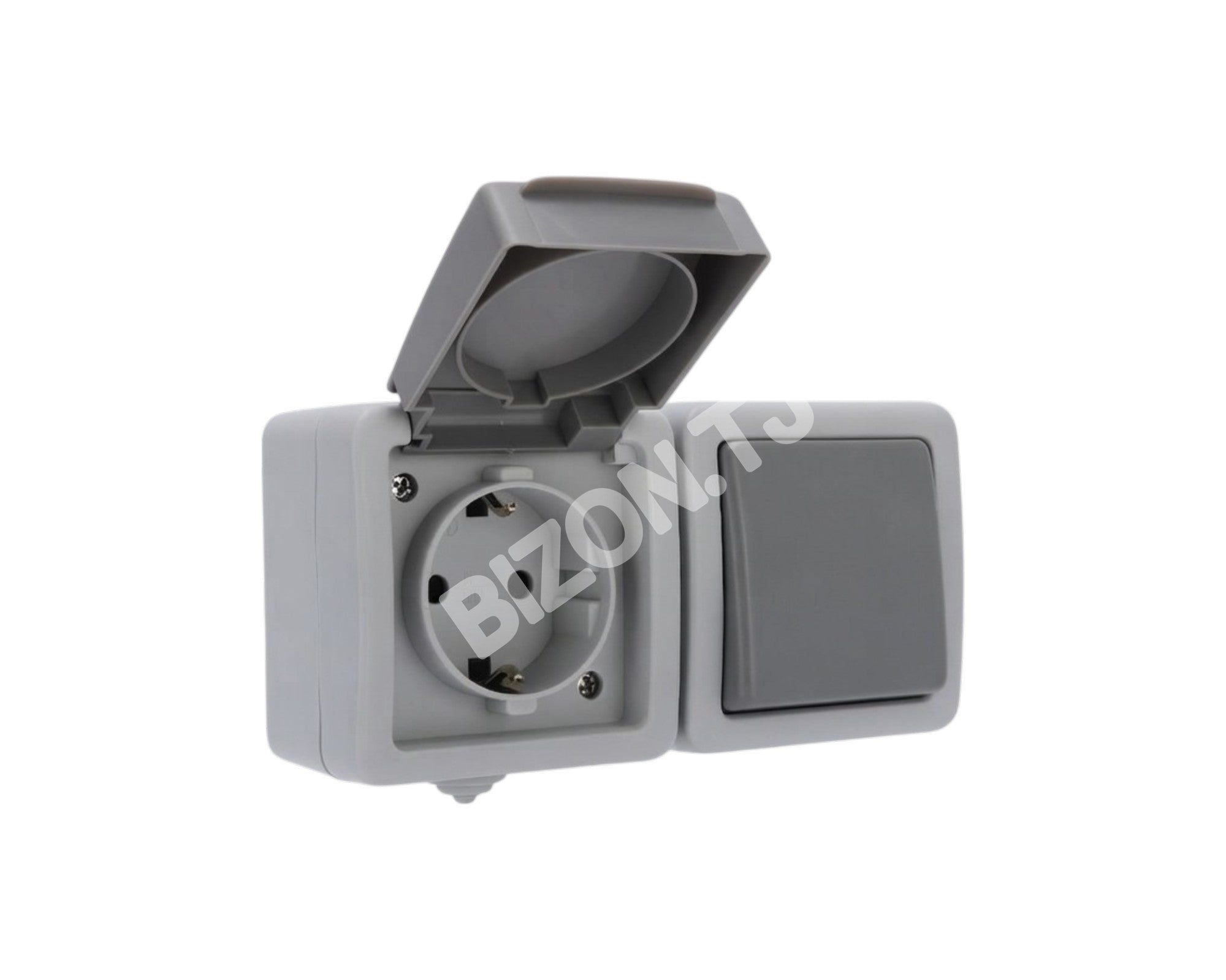 Розетка Выкл. 1 кл.+розетка с / з, с з / ш, о / у, 10А / 16А серый IP54 Atlantis100 / 5, 379-03036 3