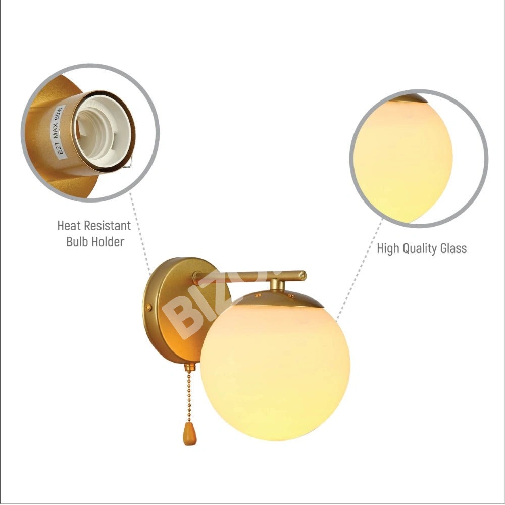 Выключатель опал GLOBE стекло золотой металл BODY VINTAGE RETRO настенный светильник с PULL DOWN SWITCH E27 FITTING золотой, 151-19780 7