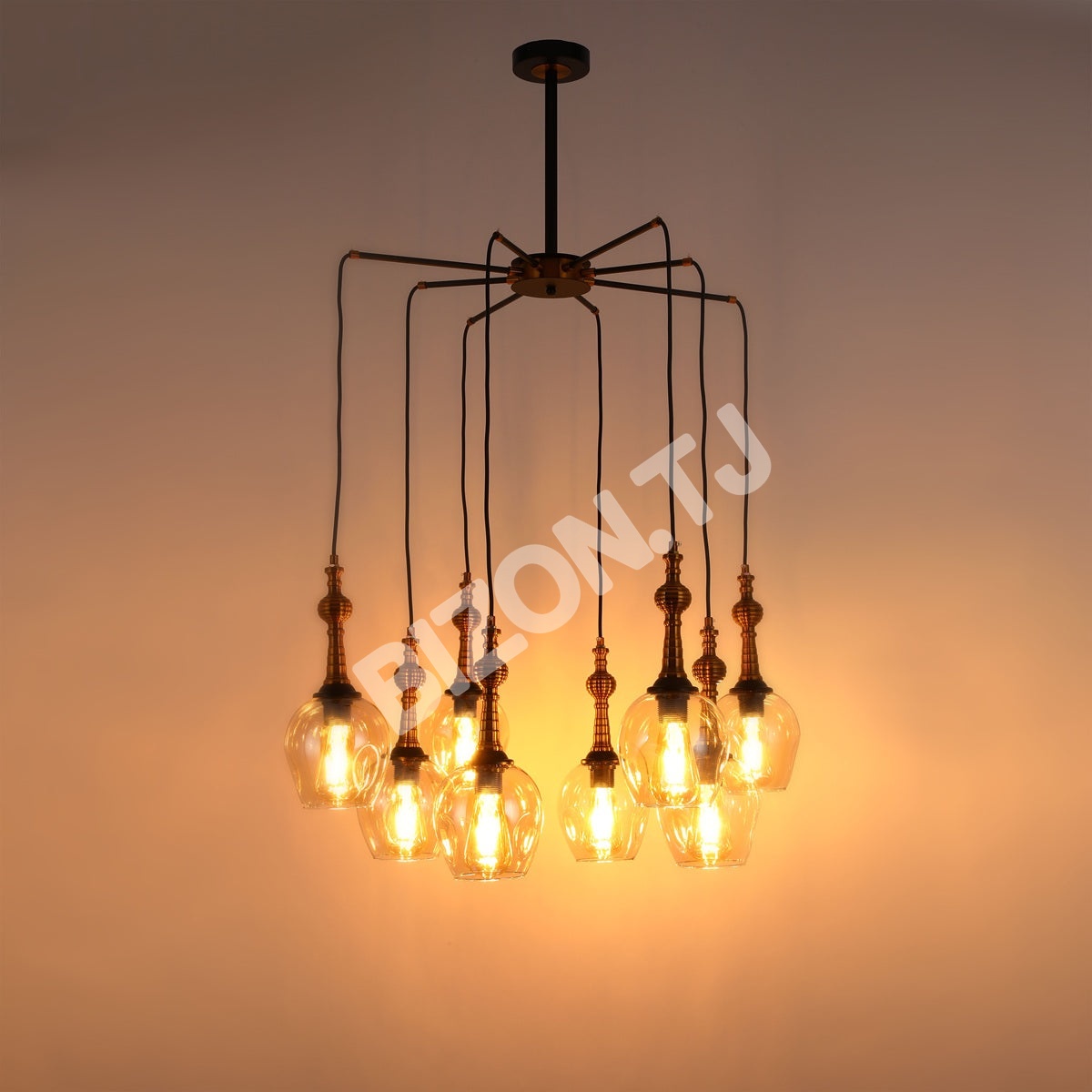 Люстра9278-8 черный+AMBER стекло 8xE27 D800 H1500, 159-17020 4
