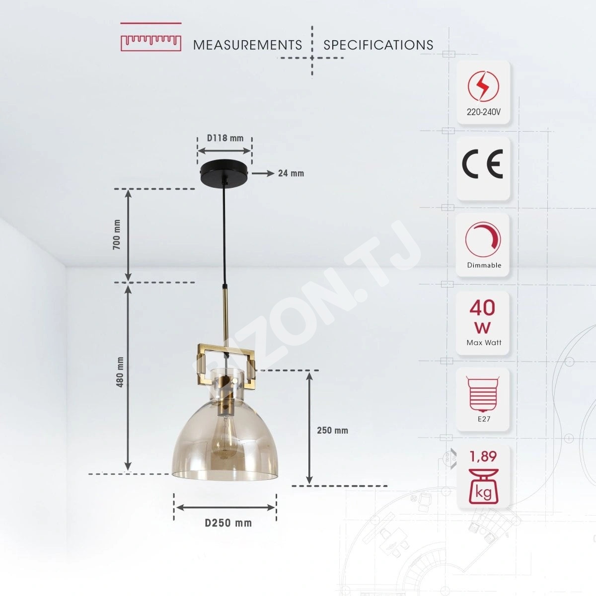 Люстра Chandelier 8658-1A AM E27 AMBER стекло (T, 156-19470 6