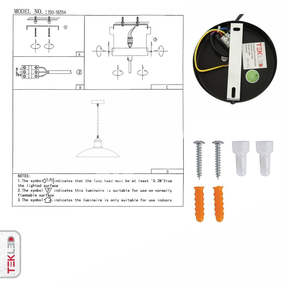 Черный Flat Dome Industrial металл потолочный подвесной светильник с E27 Fitting, 150-18354 8