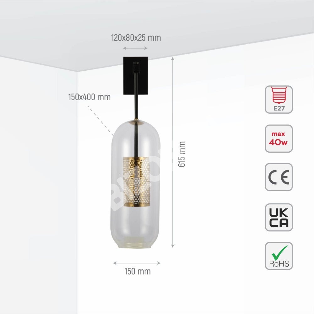 Бра Clear Cylinder стекло золотой Cage черный Body настенный светильник с E27 Fitting, 151-19735 2