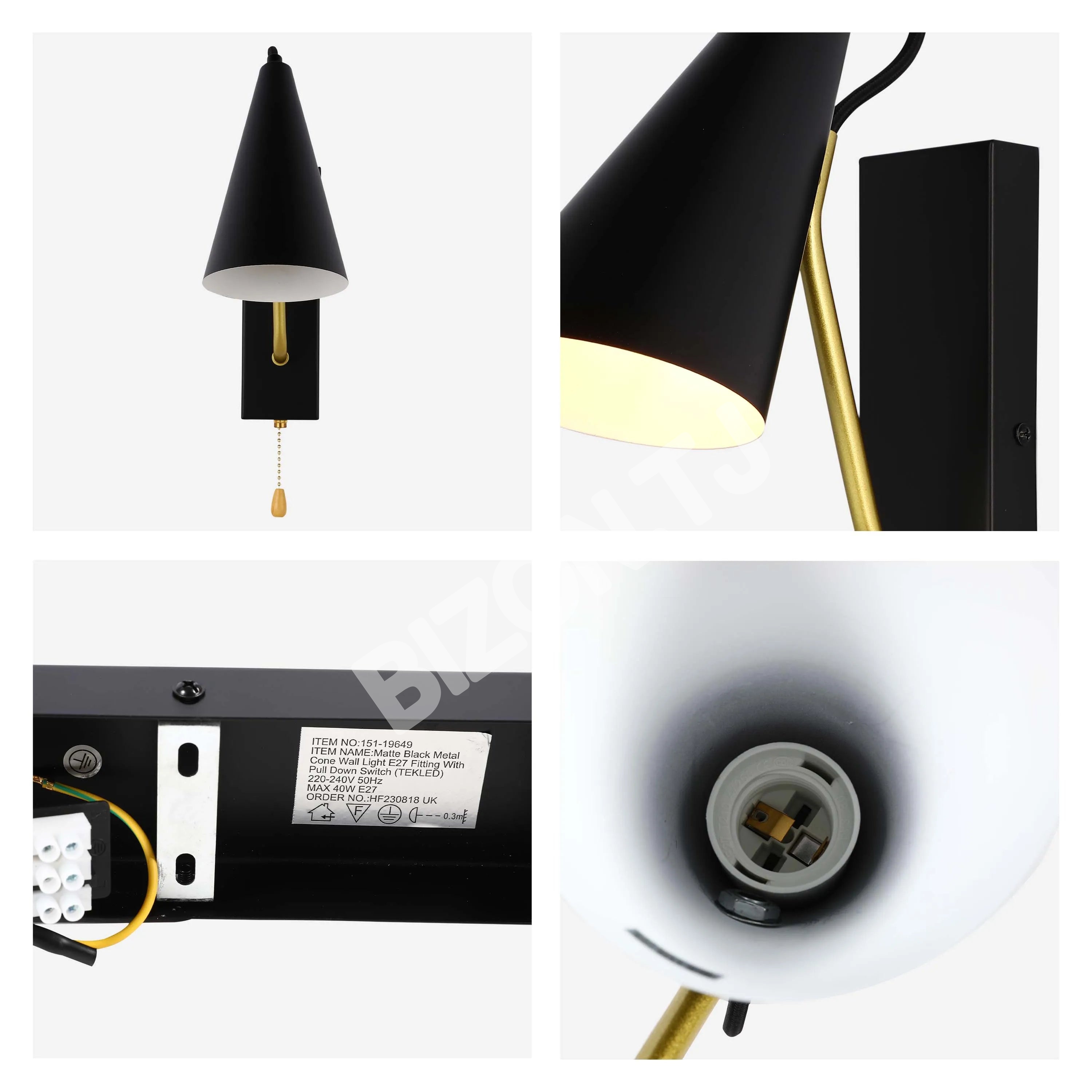 Выключатель Бра Matte черный металл Cone настенный светильник E27 Fitting с Pull Down Switch, 151-19649 6