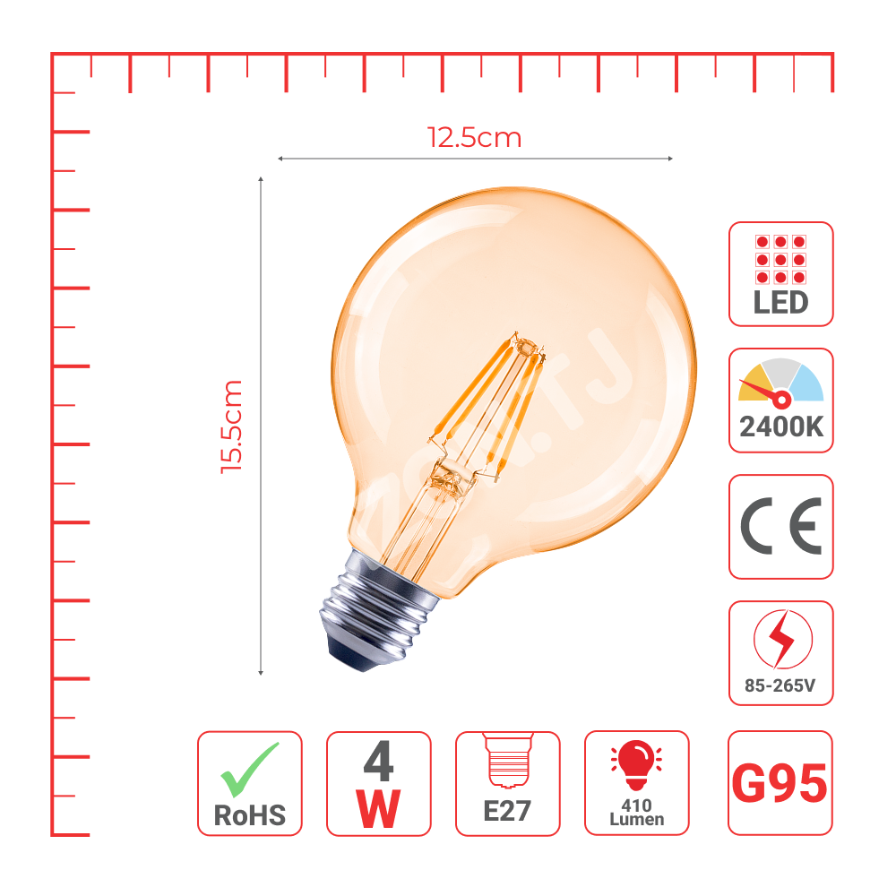 Лампа LED G95 4 Вт E27 AMBER 410 лм 2400 К 85, 527-03414 4