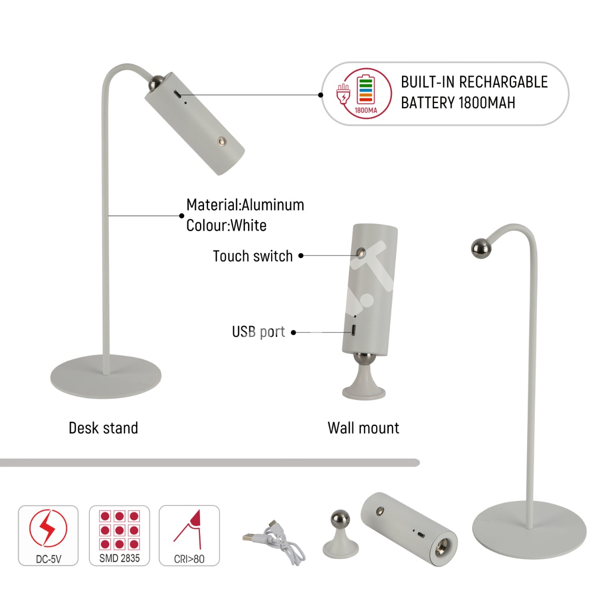 Светильник настольный SCANDINAVIAN 12 LED металл D195H335 белый, 130-03708 6