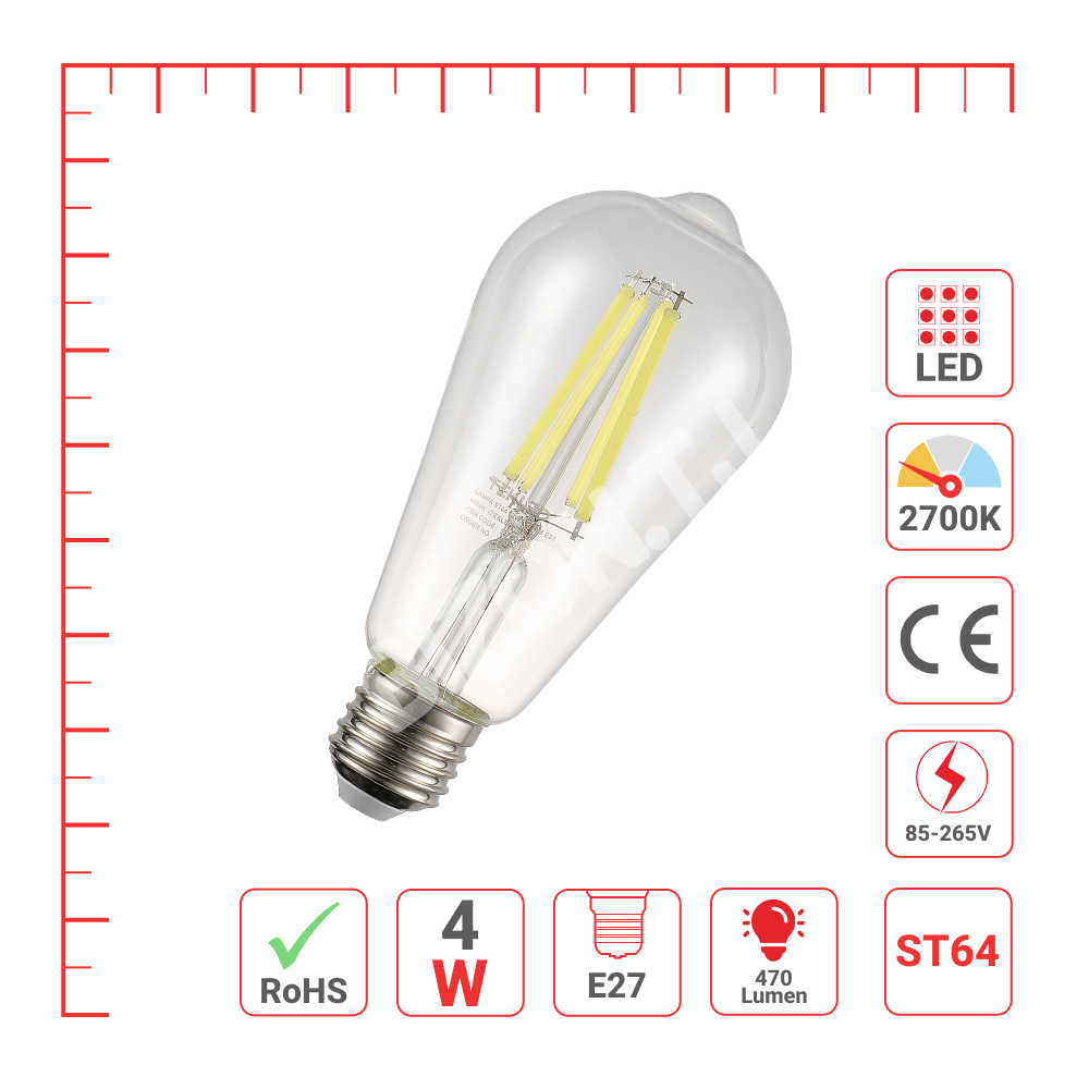 LampLED ST64 4 Вт E27 CLEAR 470 лм 2700 К 85-265 В, 527-03400 4